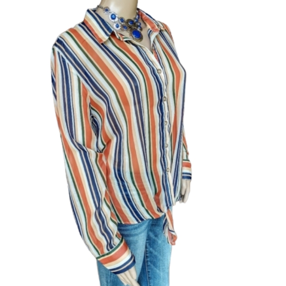 Ultra Violet Sheer Collard Striped Tie Blouse - Picture 3 of 6